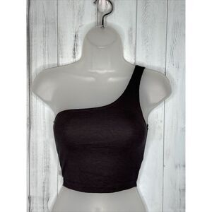 JOAH BROWN VINTAGE BLACK ONE SHOULDER FITTED RIBBED CROPPED CAMI TANK TOP XS/S